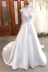 Ivory Satin A-line V-neck Spaghetti Straps Wedding Dresses, Bridal Gown